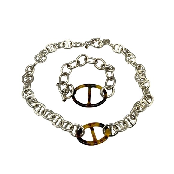 Chunky Chain Faux Tortoise Shell Link Necklace and Bracelet Set Silver Tone - Picture 1 of 4